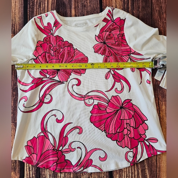 Chico's Size Large Cotton Kasbah Pink Floral Embellished Perfect Tee 3/4 Sleeve - Picture 8 of 9